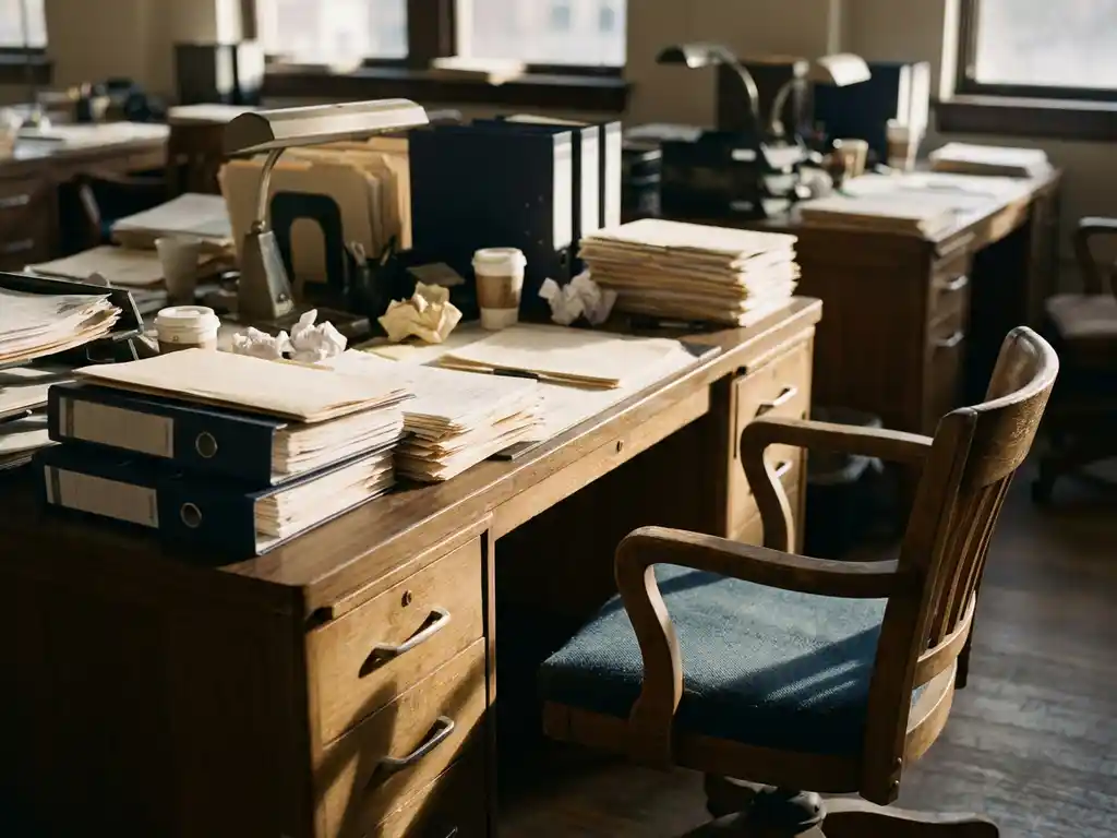 Overvolle kantoortafel met hoge stapels papierwerk en uitpuilende mappen, lege stoel, warm middaglicht in open kantoorruimte.