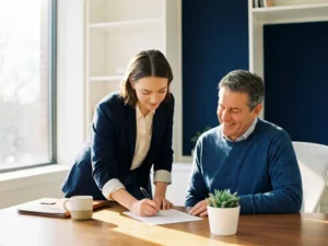 Jonge professional ondertekent contract aan modern bureau, begeleid door lachende mentor, met plant en koffie op de voorgrond.