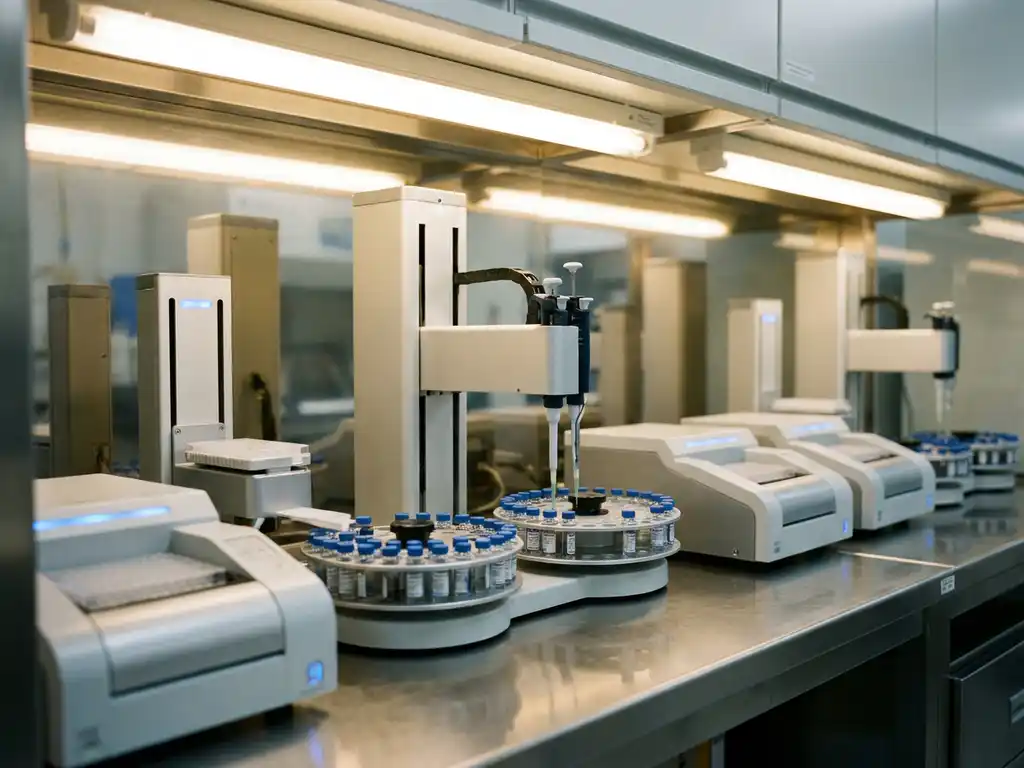 Geautomatiseerde pipetteerapparatuur en robotische monstercarrousels op een steriel laboratoriumwerkblad van roestvrij staal.