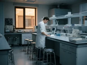 Jonge wetenschapper in witte labjas aan laboratoriumbank met lege krukken, pipetten en monsterrekken op de achtergrond.
