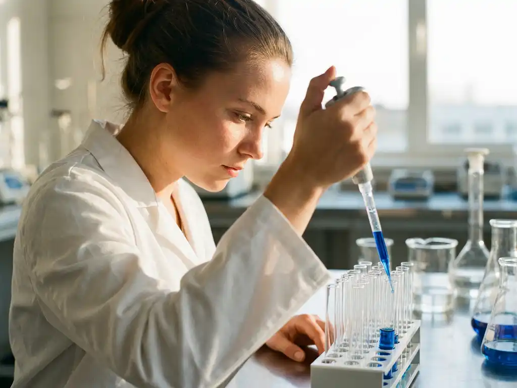 Jonge laborant in witte jas pipetteert blauwe vloeistof in glazen reageerbuizen op een klinisch laboratoriumwerkblad.