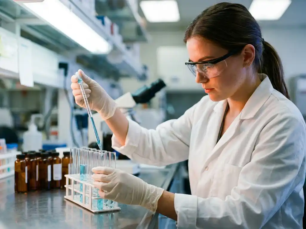 Jonge laborant in witte jas die blauw vloeistof in glazen reageerbuizen pipetteert op roestvrijstalen werkbank.