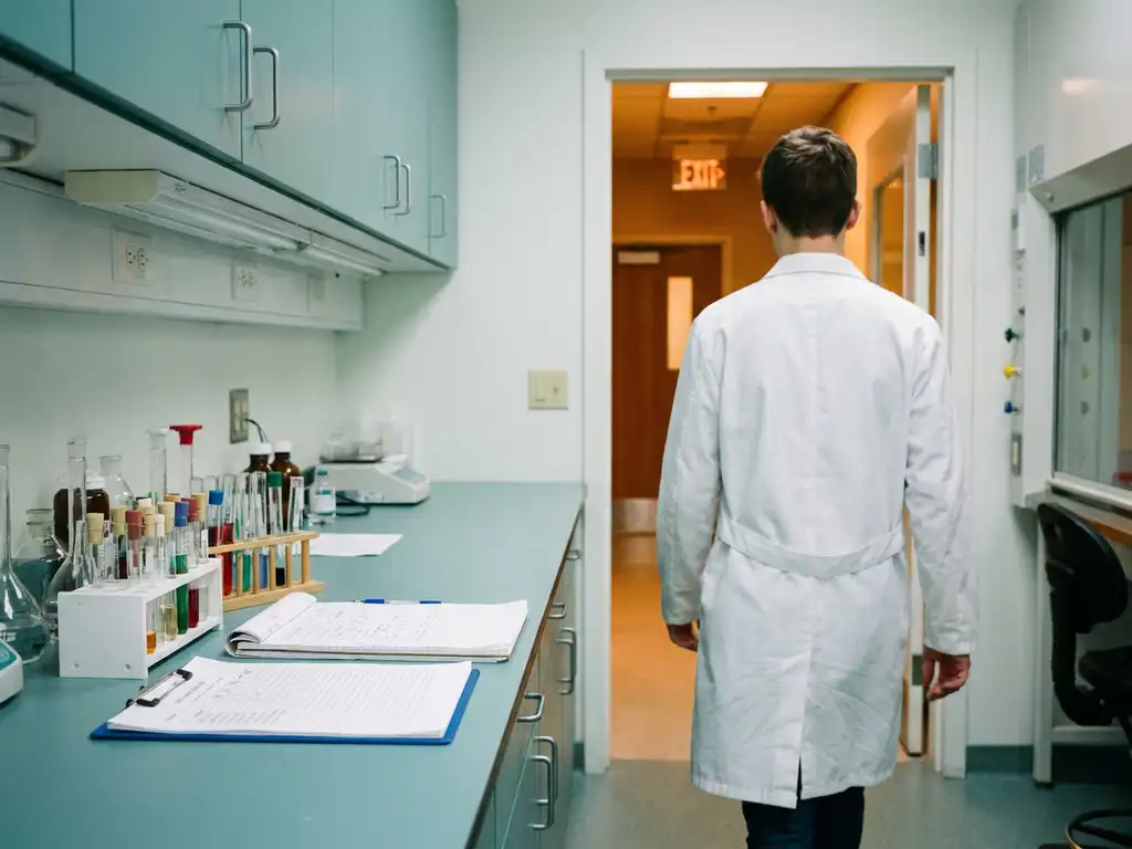 Jonge laborant in witte jas die een steriel lab verlaat, onafgemaakt experiment met reageerbuizen achterlatend.