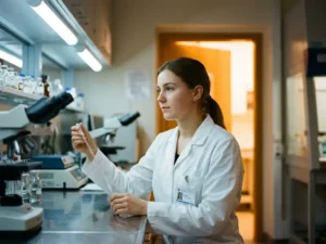 Jonge laborant in witte jas staart peinzend naar verlichte deuropening, pipet op roestvrijstalen werkbank, laboratoriumapparatuur op de achtergrond.