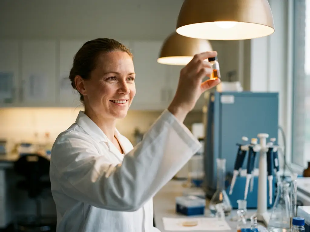 Labotechnicus in witte jas inspecteert glazen injectieflacon onder warm licht, moderne laboratoriumbank op achtergrond.