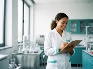 Labotechnicus in witte jas bestudeert klembord in modern laboratorium met roestvrijstalen apparatuur en glazen bekers.