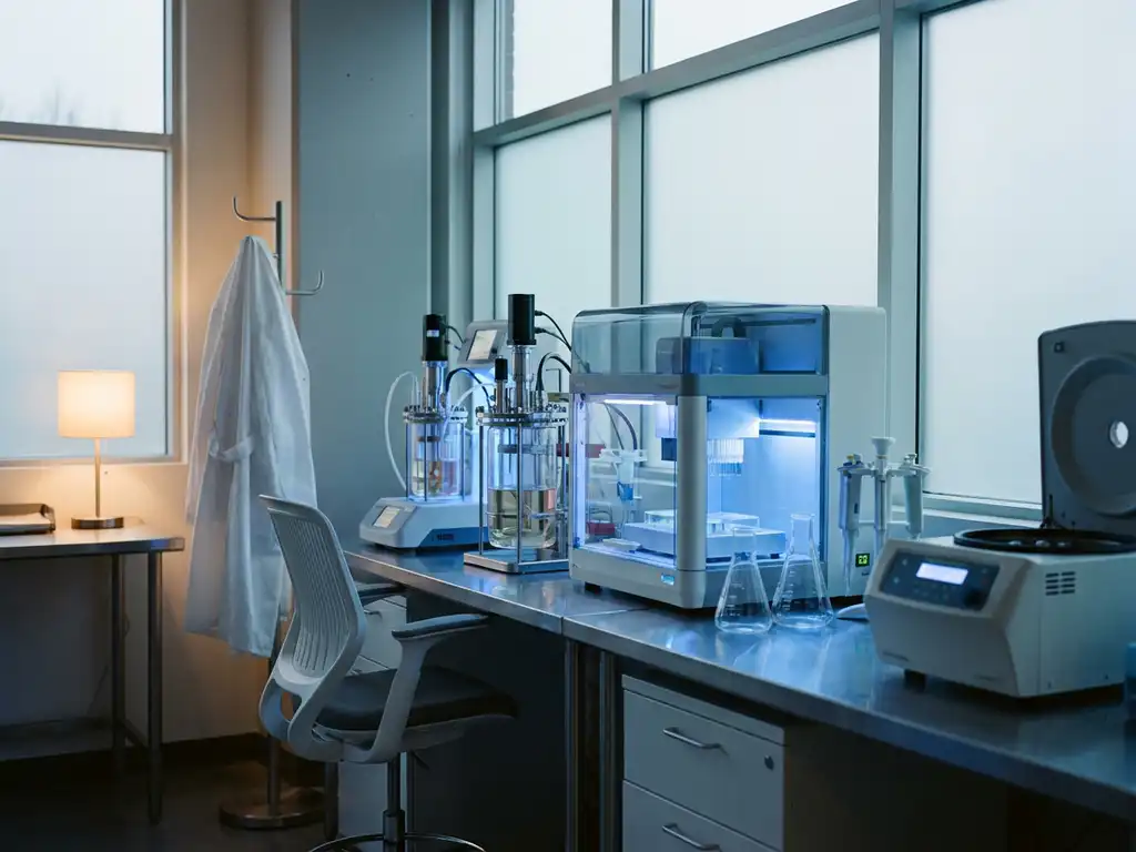 Verlaten laboratoriumbank met gloeiende apparatuur, lege stoel en labjas aan haak, blauwe omgevingsverlichting en glazen bekerglazen.