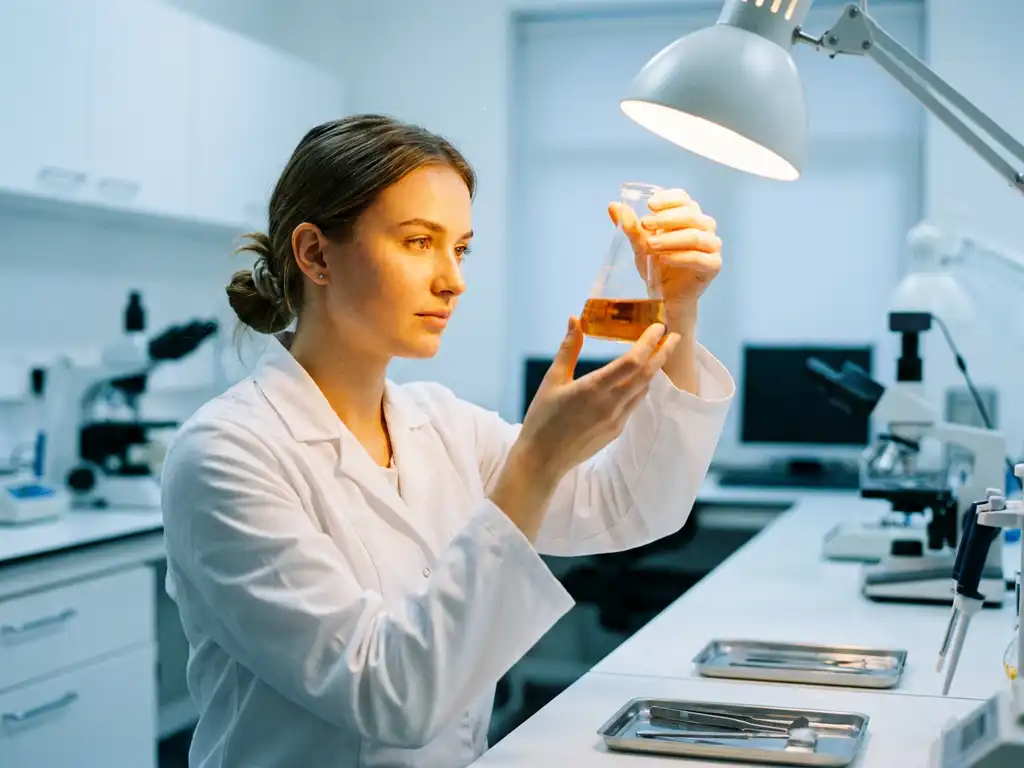 Jonge professional in witte labjas onderzoekt glazen kolf onder felle laboratoriumverlichting in steriele klinische omgeving.