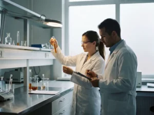 Twee laboratoriummedewerkers in witte jassen die monsters analyseren en gegevens noteren aan een klinisch laboratoriumwerkblad.