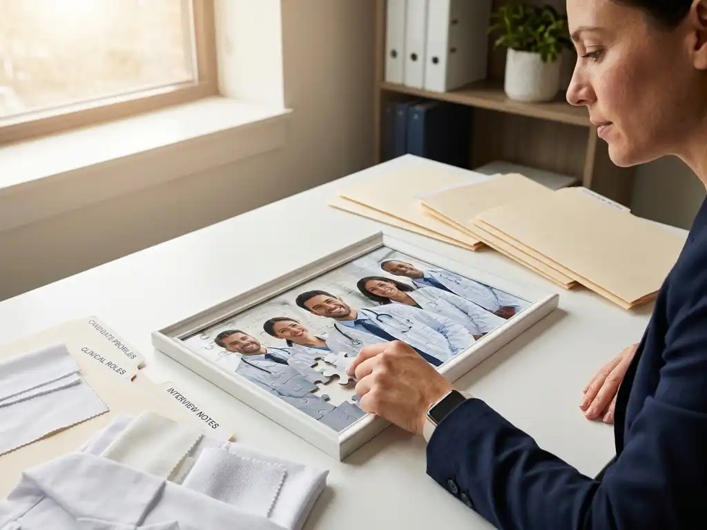 Recruiter plaatst laatste puzzelstuk in teamportret op bureau omringd door labjas-stalen en kandidatenmappen.