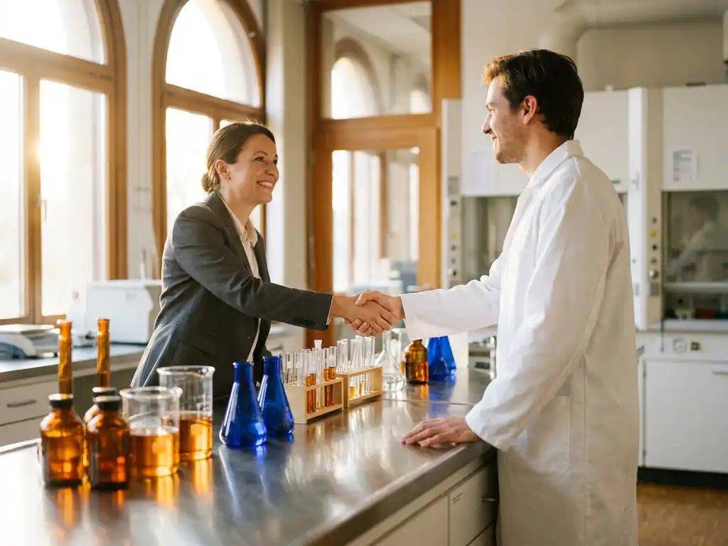 Recruiter en wetenschapper in witte jas schudden handen over laboratoriumbank met reageerbuizen en bekerglazen, warm gouden licht.