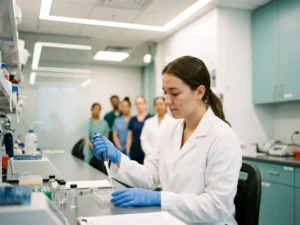 Jonge laborant in witte jas die zorgvuldig samples pipetteert aan een moderne labbank, met zachte teal- en witte tinten.
