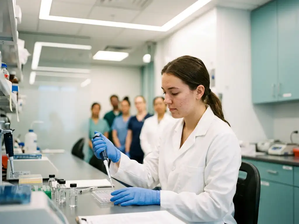 Jonge laborant in witte jas die zorgvuldig samples pipetteert aan een moderne labbank, met zachte teal- en witte tinten.