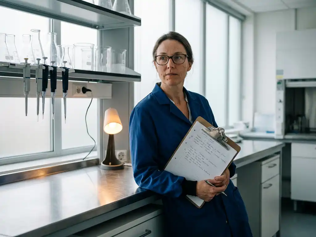 Labsupervisor bekijkt kandidaataantekeningen op klembord naast een laboratoriumbank met reageerbuizen en pipetten op de achtergrond.