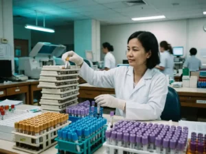 Laboratoriumtechnicus in witte jas verwerkt stapel buisjes aan klinische werkbank, omringd door gekleurde monsterbuisjes.