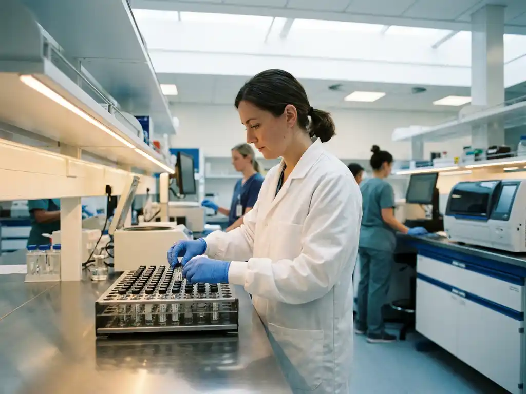 Laborant in witte jas ordent monsterbuisjes in centrifugerek, collega's zichtbaar op achtergrond in modern klinisch laboratorium.