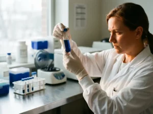 Laboratoriumtechnicus in witte jas onderzoekt glazen injectieflacon met blauwe vloeistof, met reageerbuizen en centrifuge op roestvrijstalen werkbank.