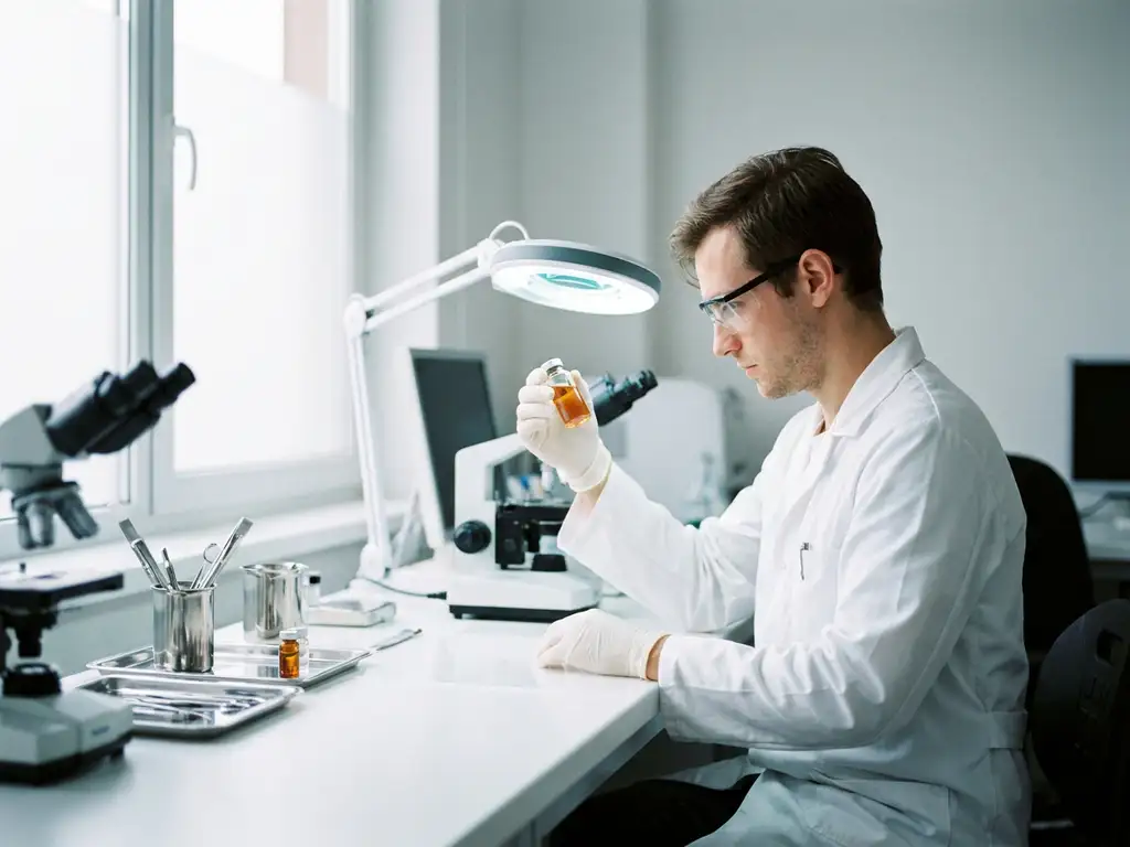Laboratoriumtechnicus onderzoekt glazen injectieflacon onder helder licht op een steriele witte werktafel met roestvrijstalen apparatuur.