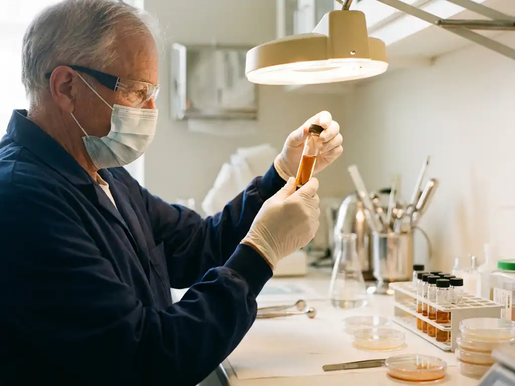 Laboratoriumtechnicus onderzoekt glazen injectieflacon onder warm licht, omringd door wetenschappelijke instrumenten en monsterrekken.