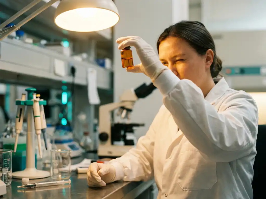 Laboratoriumtechnicus in witte jas inspecteert glazen ampul in warm licht, met wetenschappelijke instrumenten op stalen werkbank op achtergrond.