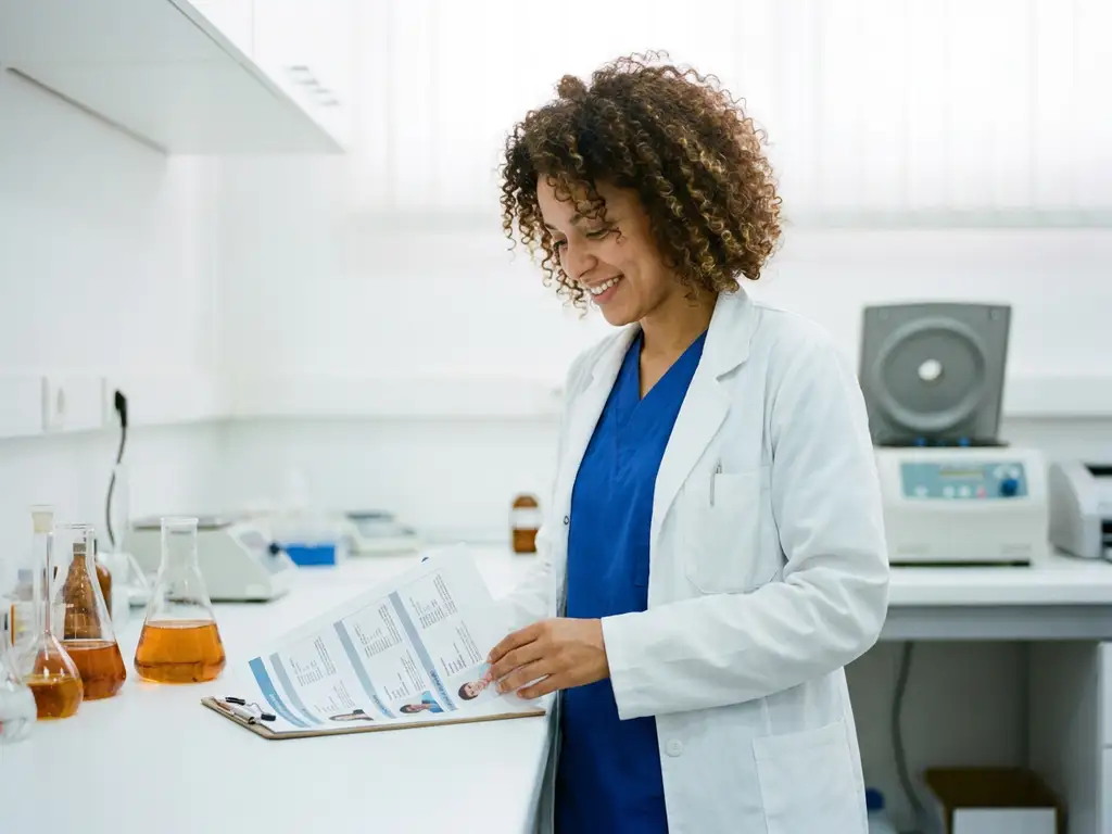 Lab technicus bekijkt kandidatenprofielen op klembord in steriel laboratorium met glazen kolven en centrifuge op de achtergrond.
