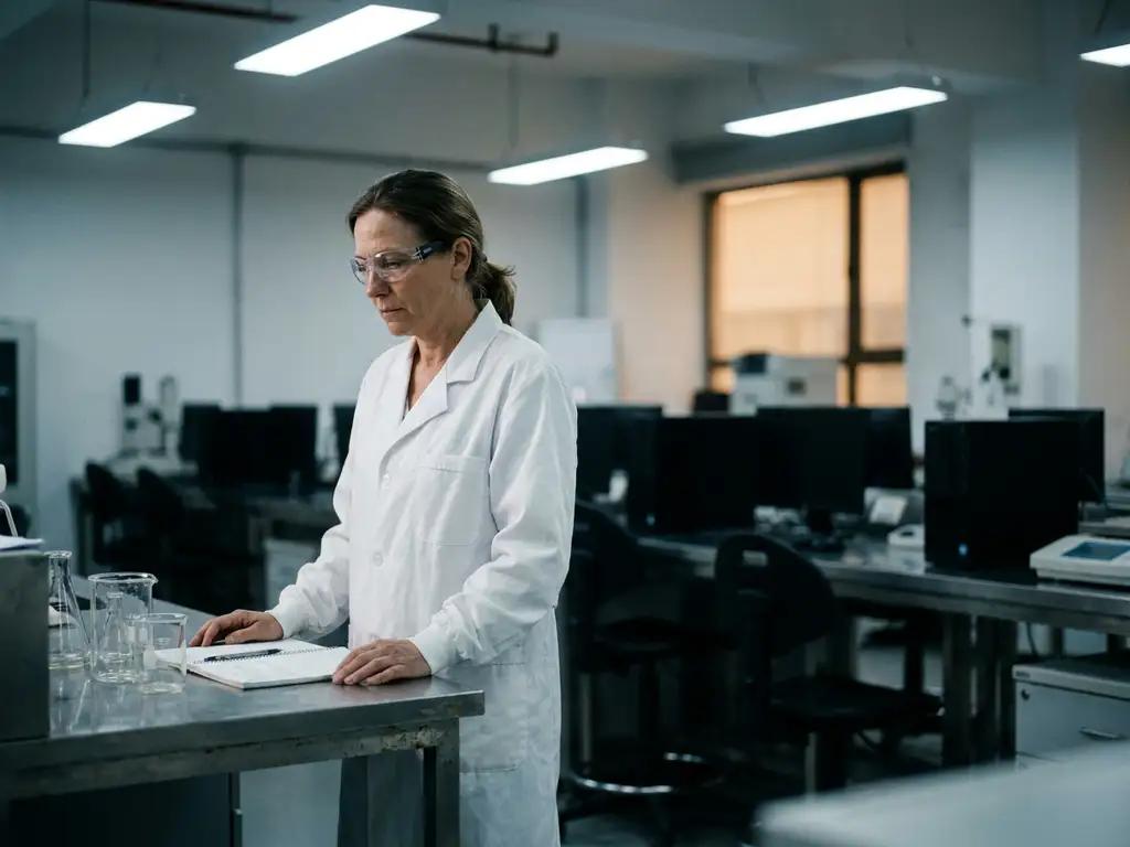 Laboratoriumtechnicus in witte jas bij een vrijwel lege werkbank, met onbezette werkplekken op de achtergrond.