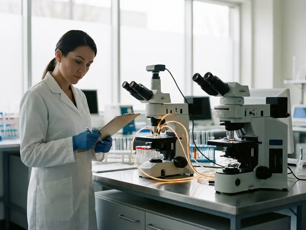Laboratoriumtechnicus in witte jas bestudeert klembord naast moderne microscoop op klinisch verlichte laboratoriumbank.