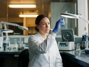 Laboratoriumtechnicus in witte jas inspecteert glazen injectieflacon onder klinisch licht, omringd door bekerglazen en centrifuge.