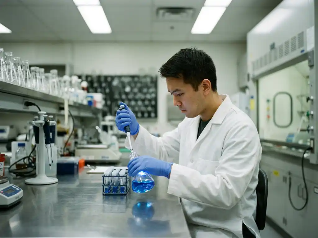 Laboratoriumtechnicus in witte jas pipetteert blauw vloeistofmonster aan een roestvrijstalen werkbank met glazen flacons.