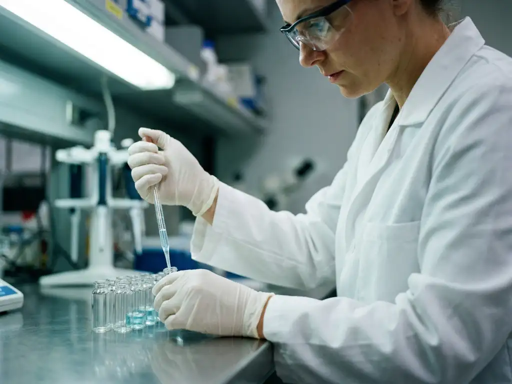 Laboratoriumtechnicus in witte jas pipetteert blauw vloeistof in glazen flacons op roestvrijstalen werkbank.