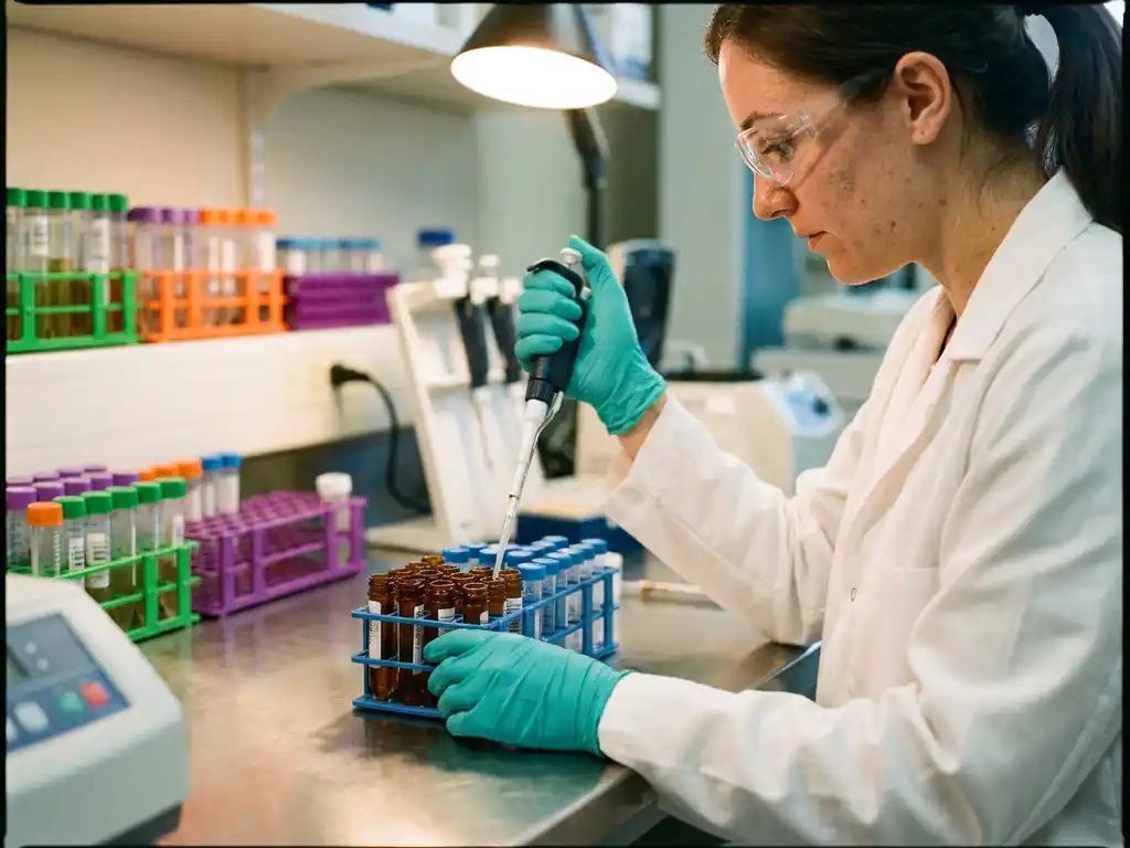 Laborant in witte jas pipetteert monsters aan een moderne laboratoriumbank met gekleurde reageerbuisjes in rekken.
