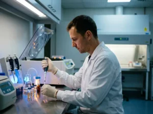 Laborant in witte jas pipetteert monsters aan een steriele werkbank, omgeven door verlichte reageerbuizen en centrifugeapparatuur.
