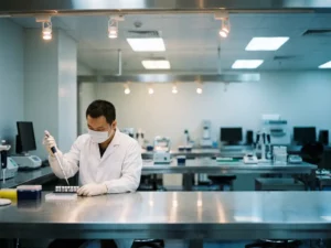 Laborant in witte jas pipetteert monsters aan roestvrijstalen werkbank in een grotendeels verlaten laboratorium.