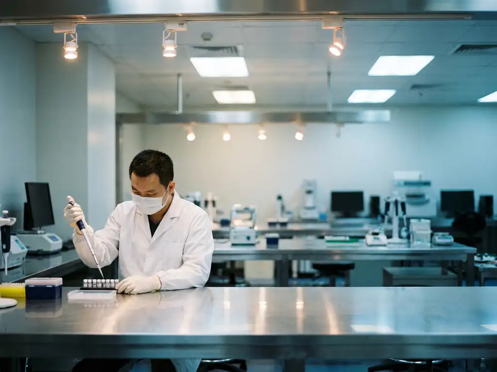 Laborant in witte jas pipetteert monsters aan roestvrijstalen werkbank in een grotendeels verlaten laboratorium.
