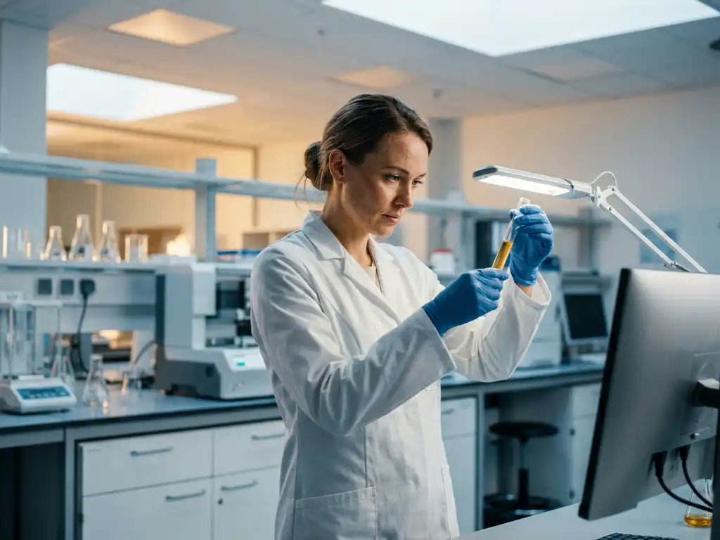 Laboratoriumtechnicus in witte jas onderzoekt reageerbuis onder klinisch licht, moderne labapparatuur op de achtergrond.