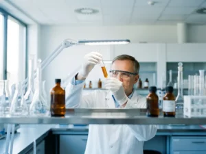 Laborant in witte jas onderzoekt reageerbuis in modern klinisch laboratorium met glazen apparatuur op de achtergrond.