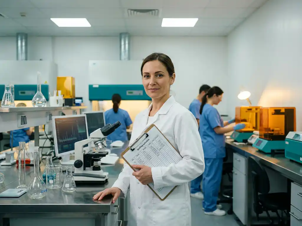 Laboratoriumtechnicus in witte jas bekijkt personeelsrooster op klembord naast uitgeruste laboratoriumwerkbank.