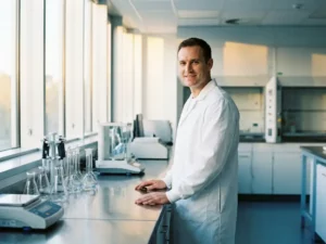 Zelfverzekerde laborant in witte jas aan roestvrijstalen werkbank omringd door glaswerk en precisie-instrumenten in modern laboratorium.