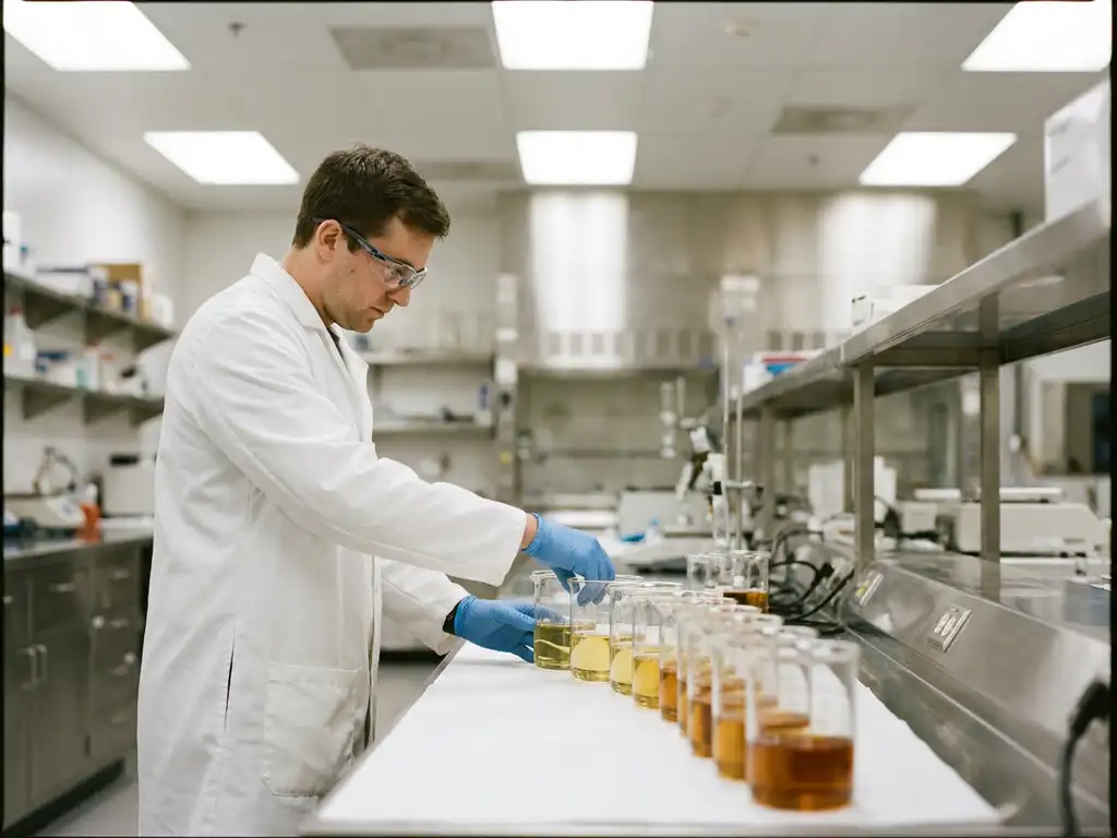 Laboratoriumwetenschapper naast glazen bekers met progressief dieper amberkleurig vloeistof op een steriel werkblad.