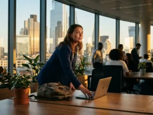 Jonge professional met reisrugzak plaatst laptop op bureau in modern kantoor met stadsgezicht en gouden middaglicht.
