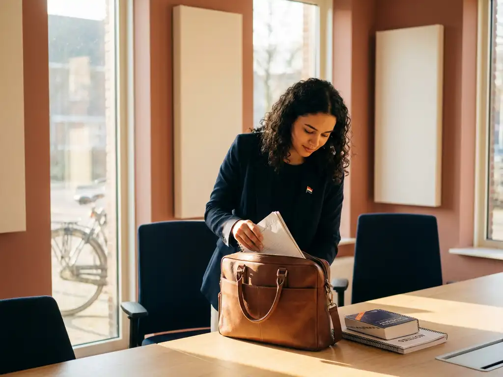 Jonge internationale stagiair pakt werktas uit op Nederlands kantoor, met vlaggenspeld en Nederlands-Engels notitieboek in warm ochtendlicht.