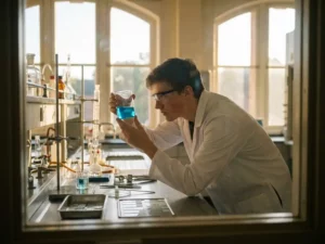 Jonge stagiair in witte labjas bestudeert bekerglas met blauwe vloeistof op roestvrijstalen laboratoriumbank in warm goudkleurig licht.