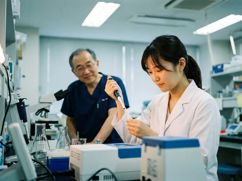 Jonge stagiair in witte labjas pipetteert vloeistof aan laboratoriumbank, senior technicus observeert op achtergrond.