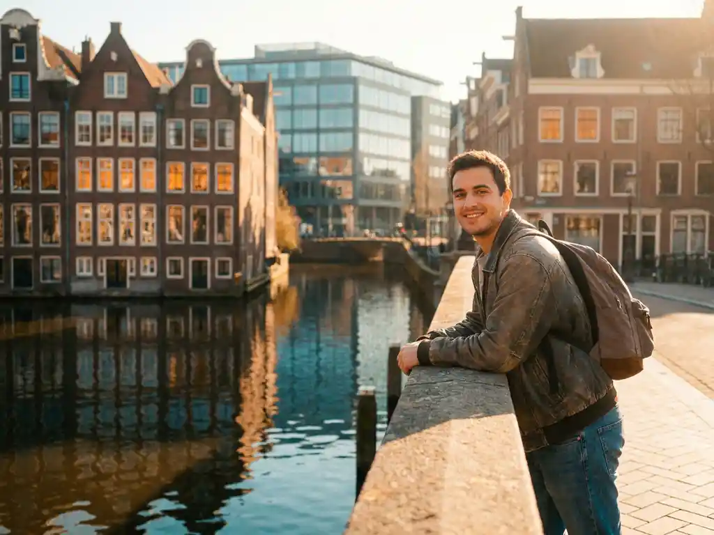 Internationale student met rugzak op een Amsterdamse grachtenbrug, historische gevels weerspiegeld in het water, gouden middaglicht.