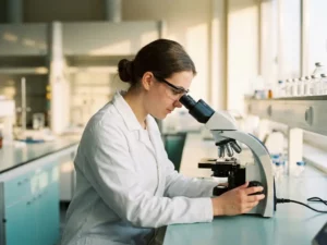 Jonge wetenschapper in witte labjas kijkt door een moderne microscoop in een helder laboratorium.