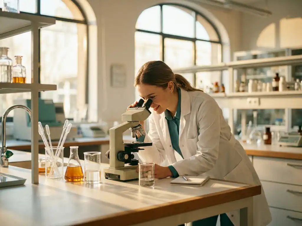 Jonge wetenschapper in witte labjas die aandachtig door een microscoop kijkt in een modern laboratorium met glazen bekerglazen en pipetten.